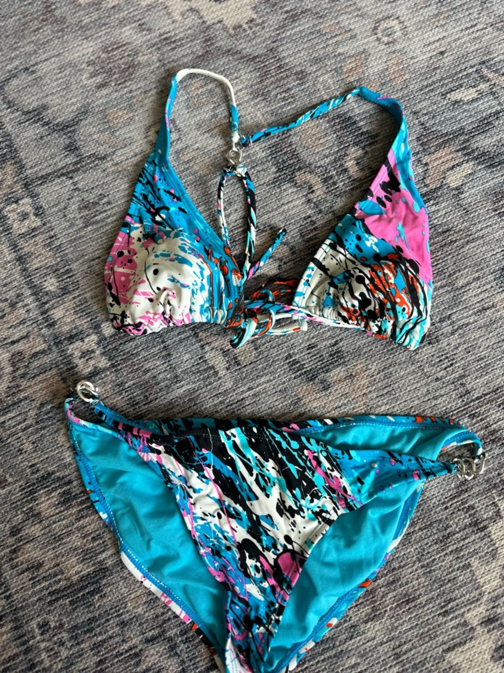 Xhilaration Turquoise Pink Black White Abstract Print Triangle Bikini